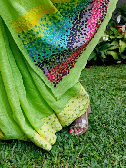 Calyz Green Linen Saree with Collage Technique - Image 3